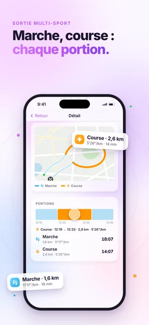 « Marche, course : chaque portion. » Le détail d'une sortie : le parcours sur la carte et la frise des portions de marche et de course.